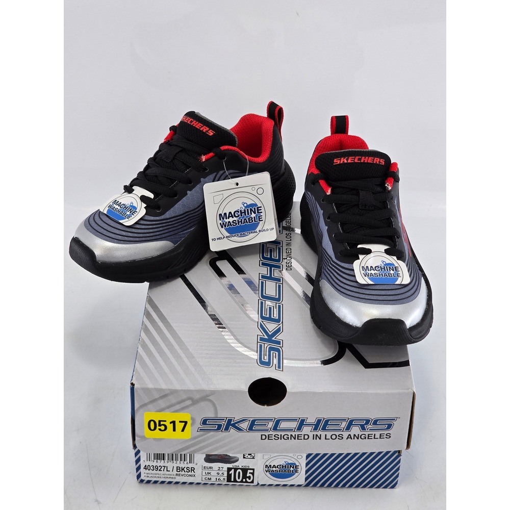 Skechers Microspec Advance Revconix Kids 10.5 Black Silver Red - New